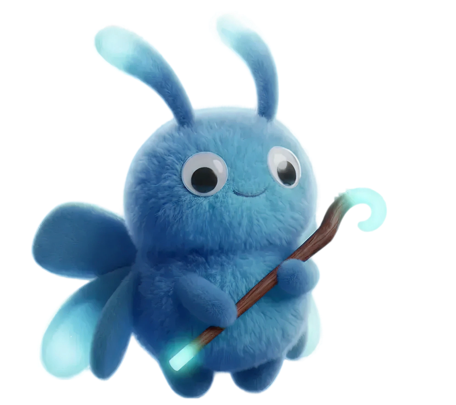 Creatora, a blue winged plush character holding a paintbrush