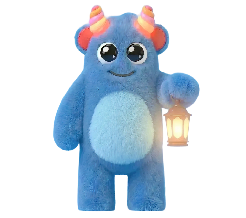 Flowfinda, a blue plush character carrying a lantern