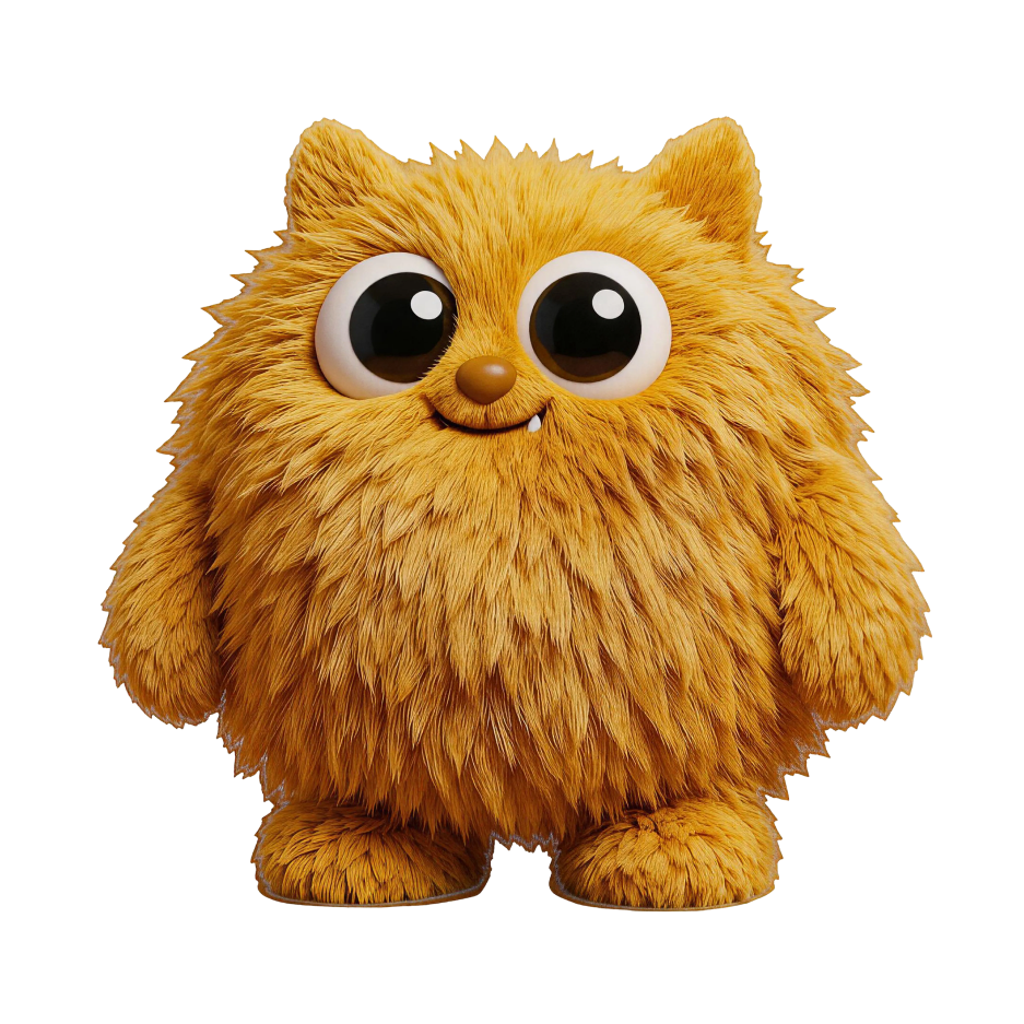 Goldsourcera, a round golden plush character with large curious eyes