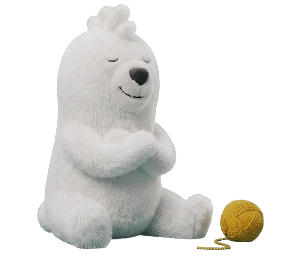 Logicora, a white plush character sitting beside a yellow ball of yarn