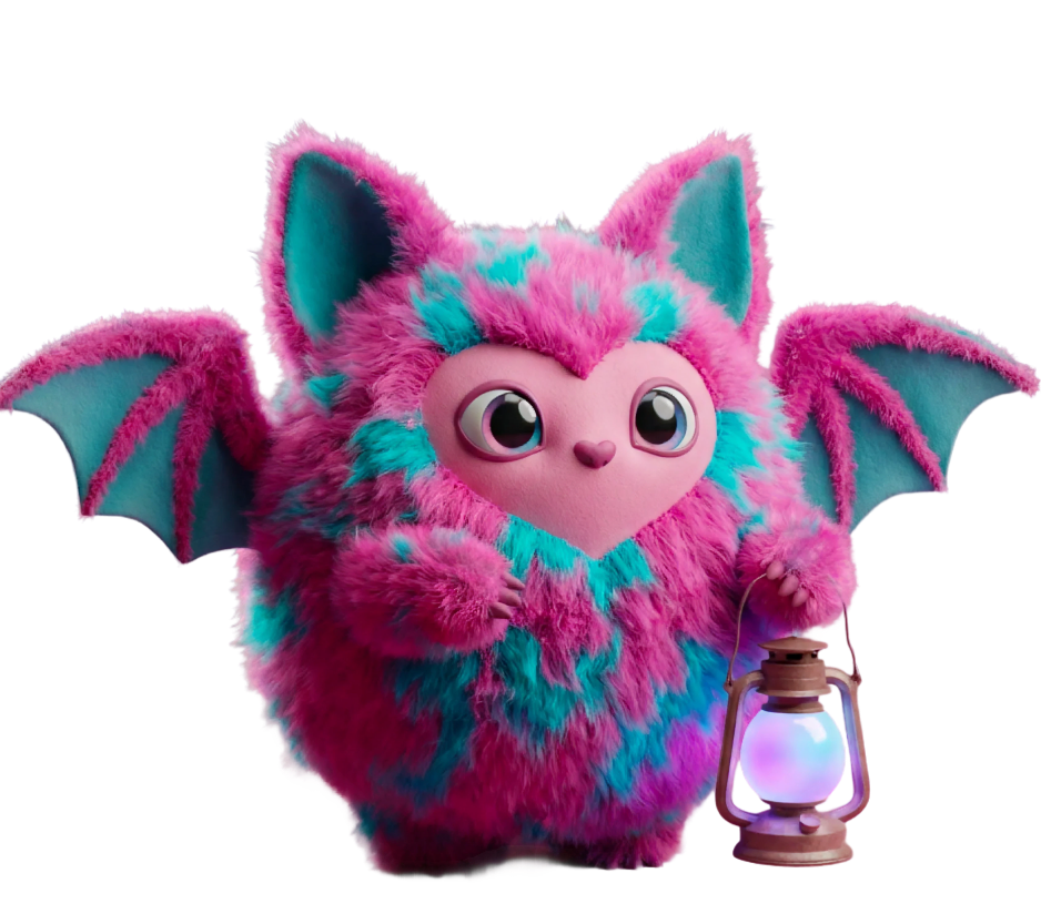 Lumipuff, a pink and teal winged plush character holding a lantern