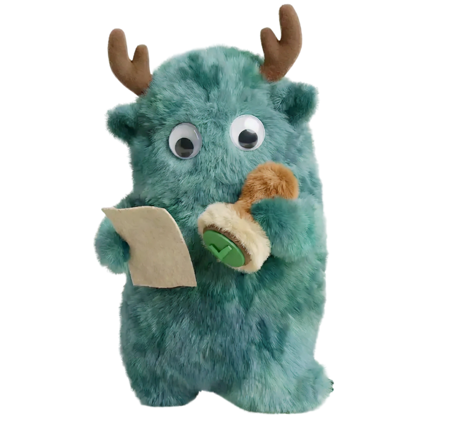Proofseeka, a green horned plush character examining clues