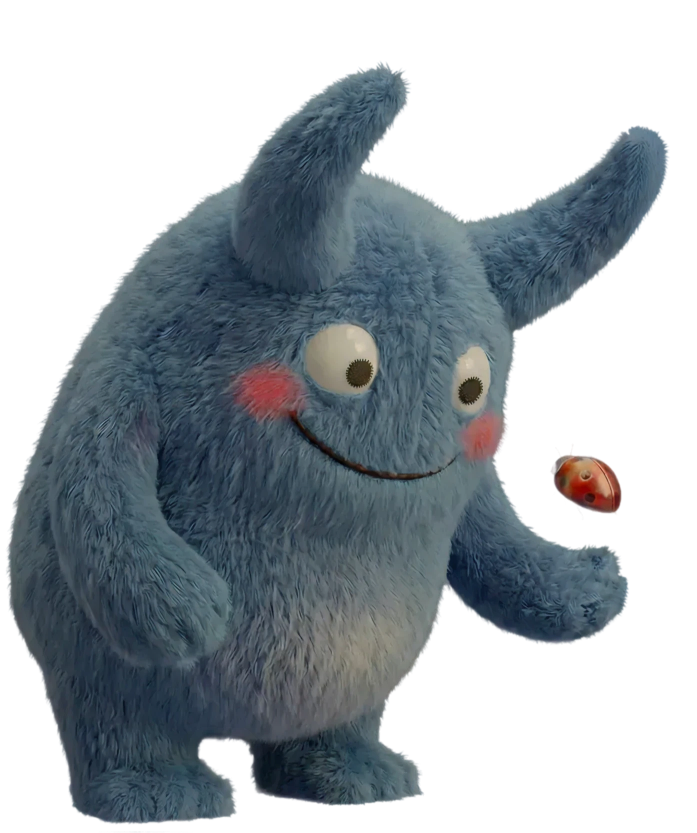 Qualizilla, a blue-gray horned plush character checking a red detail